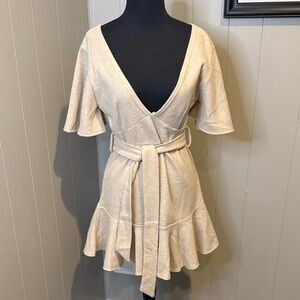 ZC Woman Medium Chic Beige Belted Mini V Neck Dress